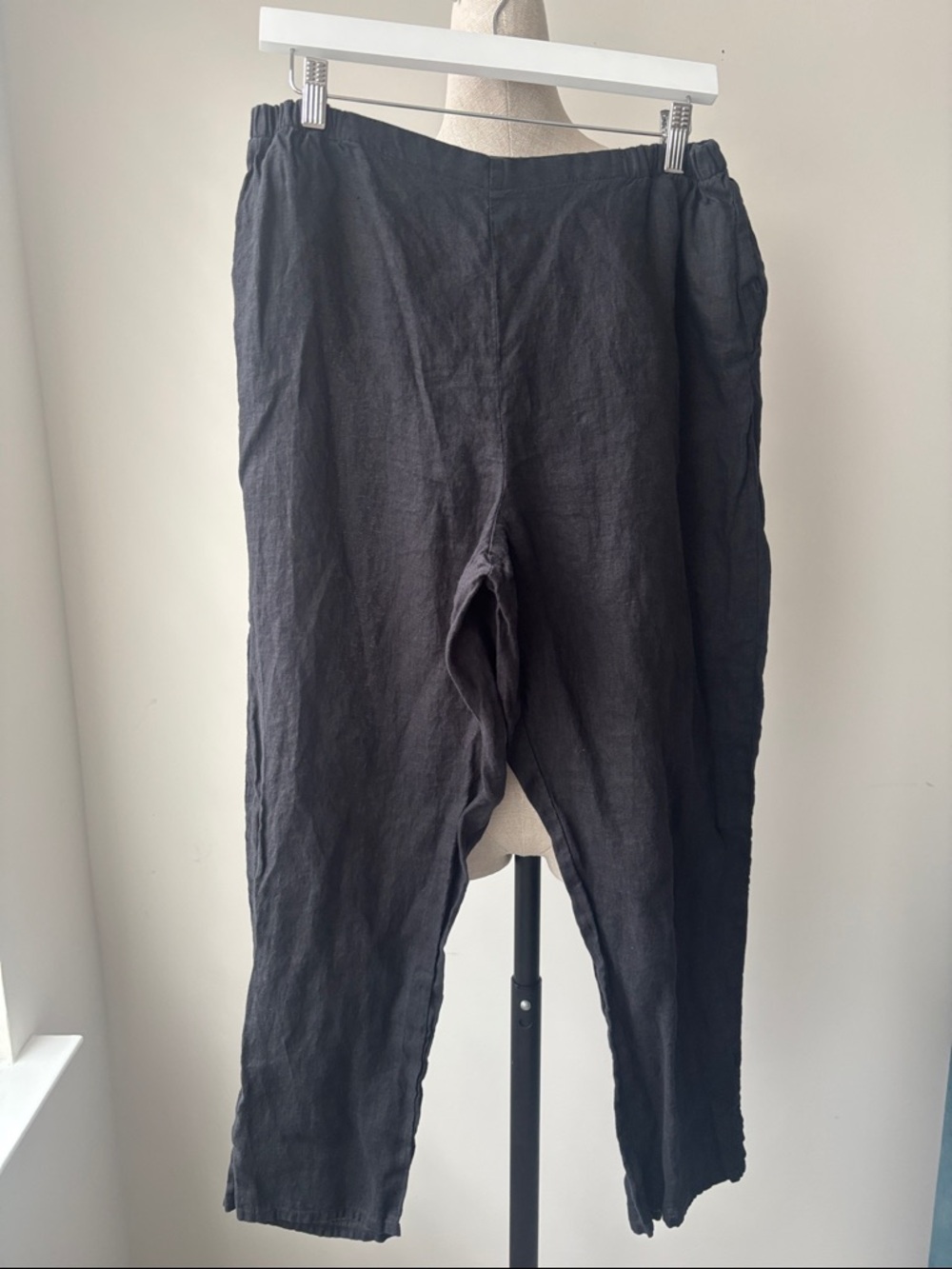Flax Pants Women’s Size Medium Black Straigh Leg Linen Lagenlook Coastal Pockets - Picture 2 of 6